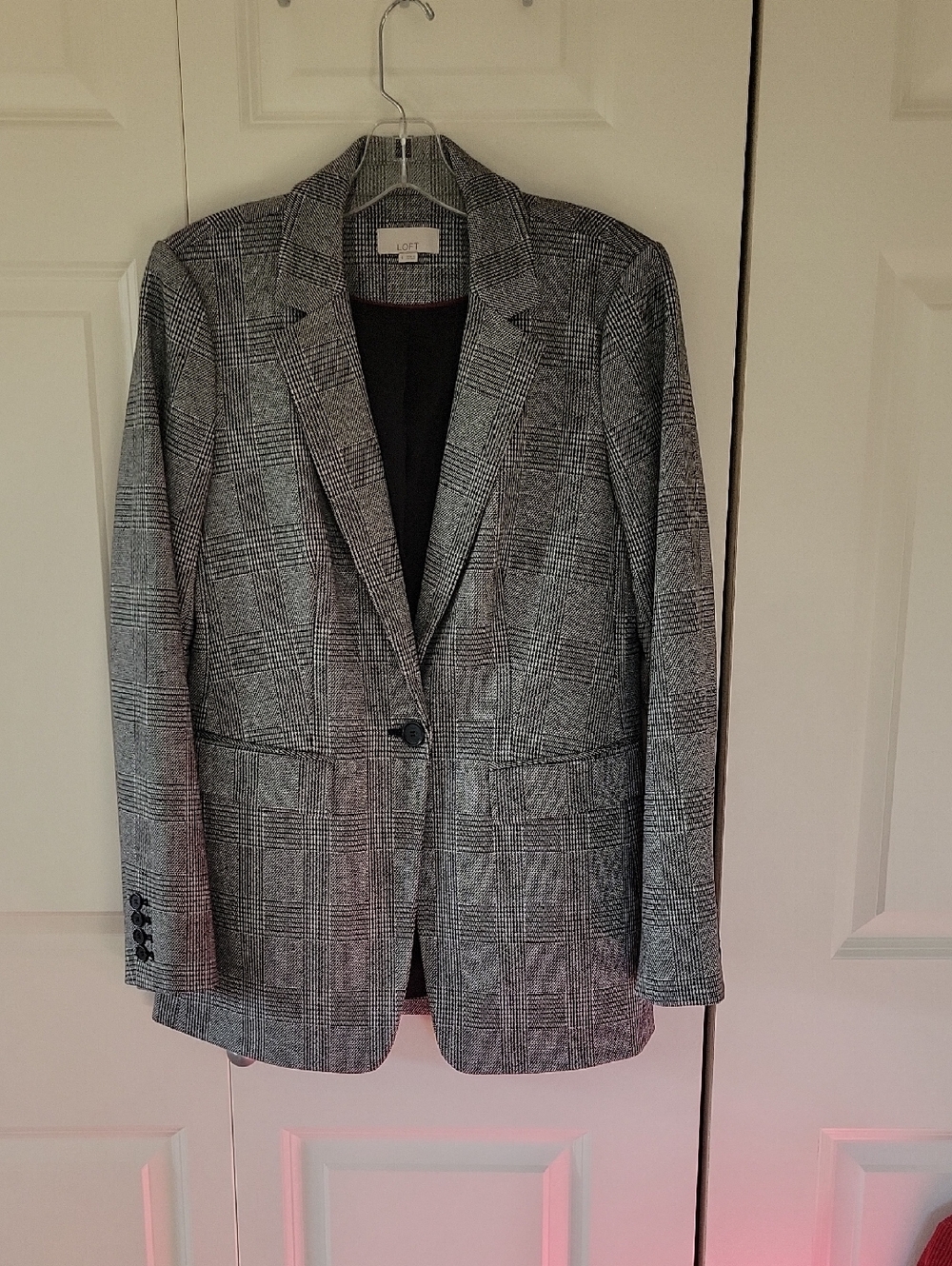LOFT Gray and Black Glen Plaid Single-Button Blazer